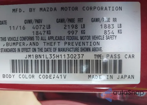 2017 Mazda Mazda3 Touring 2.5 z USA, uszkodzony, nr VIN JM1BN1L35H1130237